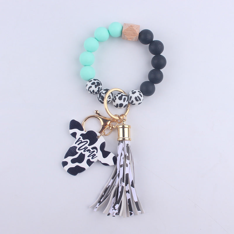 Wholesale MAMA Wood Chips Cow Head Western Style Silicone Beads Wrist Keychain
